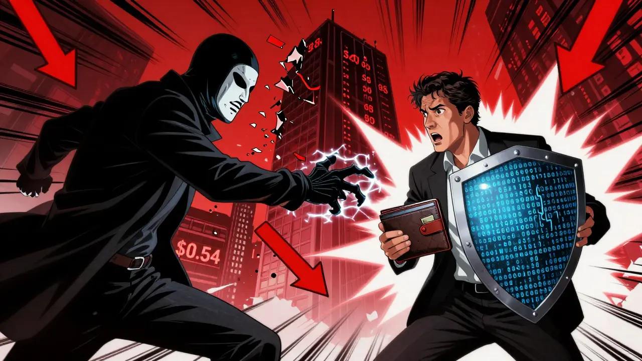 Villain attacking investor's wallet amidst crashing stock charts