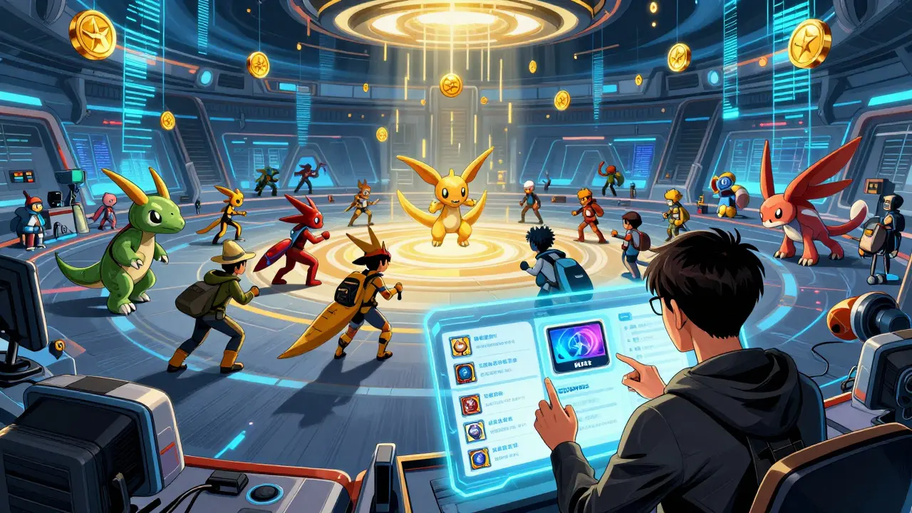 Avatars battling Playermons in a metaverse arena with falling tokens