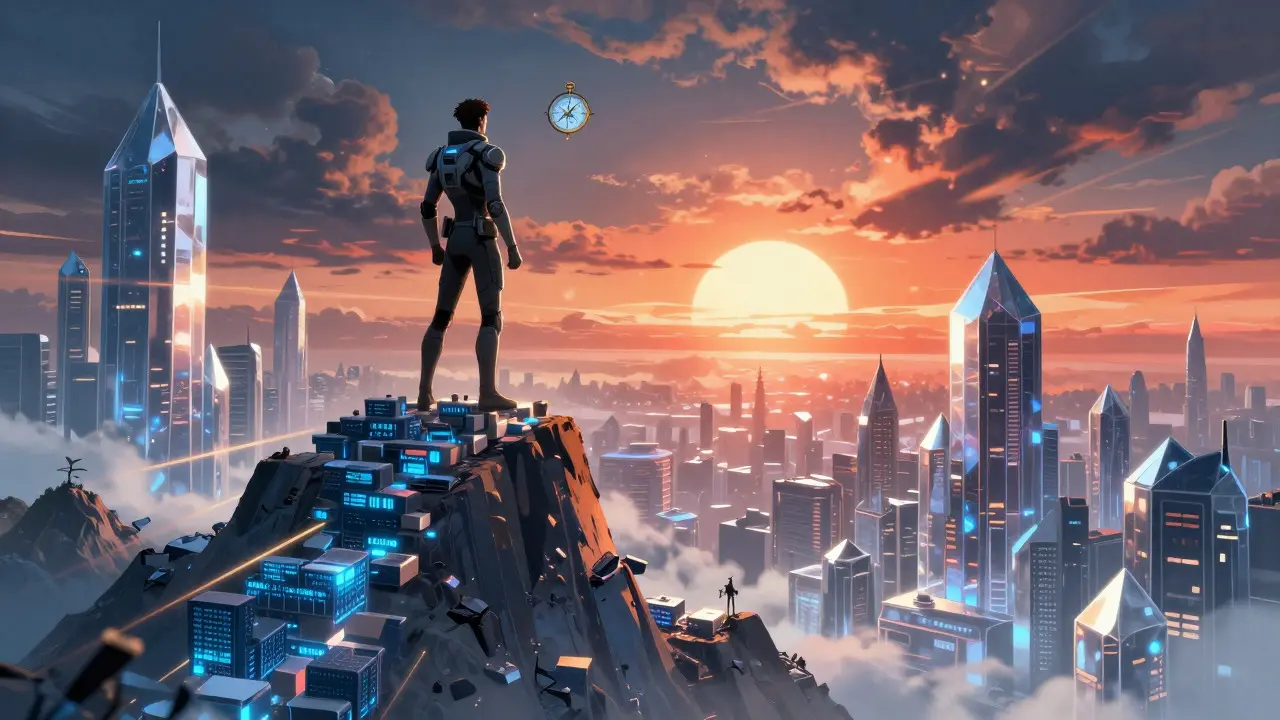 Character standing on data blocks overlooking a rising crystal city under a sunrise