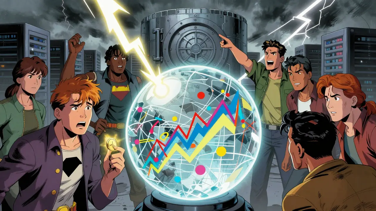Characters observing a volatile market display near a secure vault