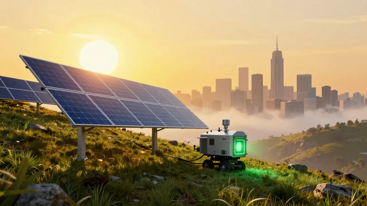 Comic art of solar panels and a green-lit mining unit on a hillside under a bright sun