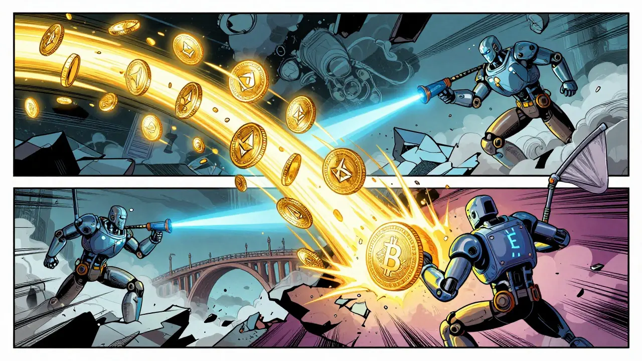 Comic art showing robotic guardians chasing stolen crypto coins across a fragmented digital landscape