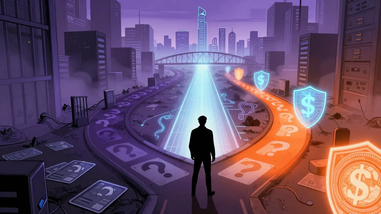 Comic illustration of a person facing a crossroads between legal risks and future financial stability