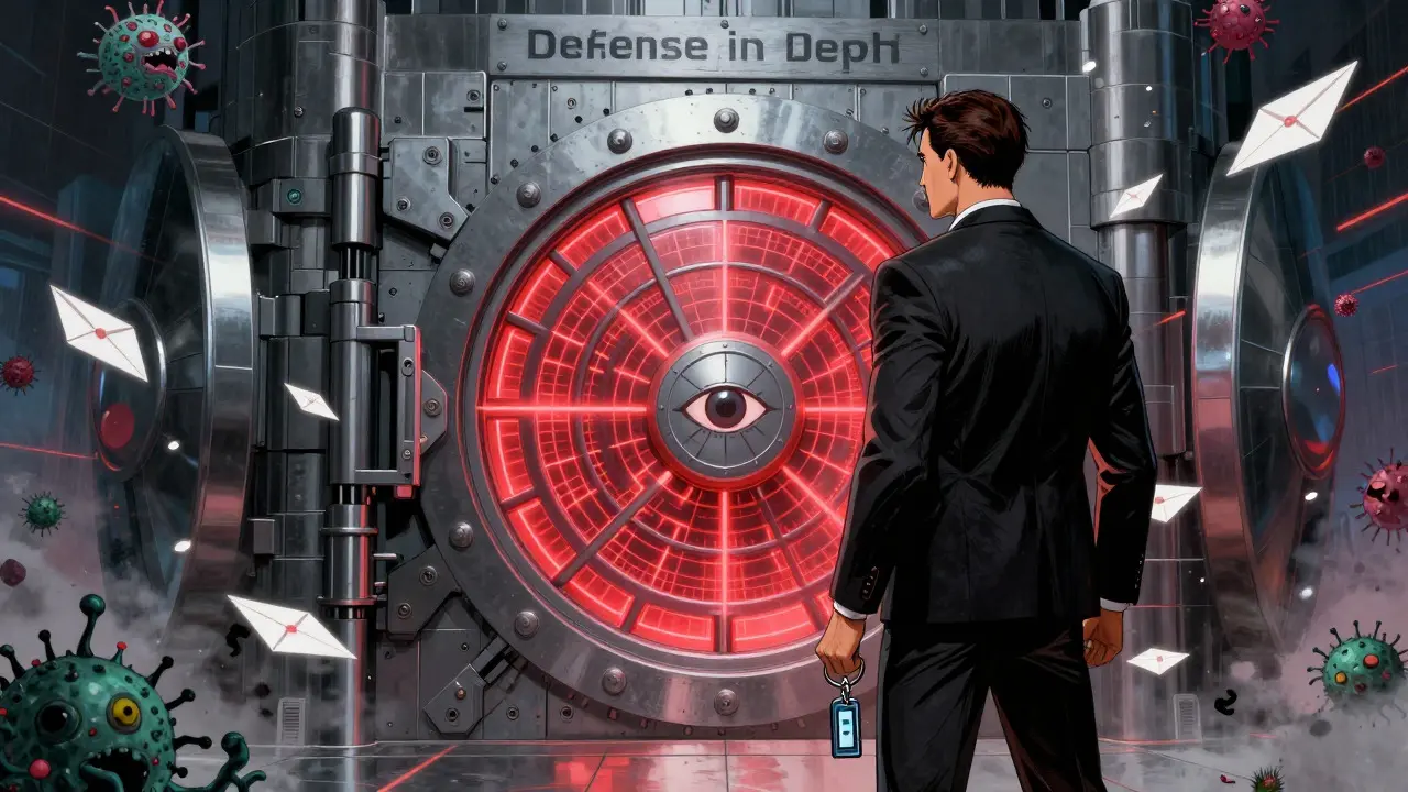 Comic illustration of multi-layered digital security fortress protecting data