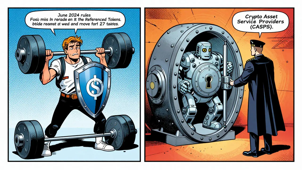Comic split-screen showing stablecoin stress and CASP licensing vault
