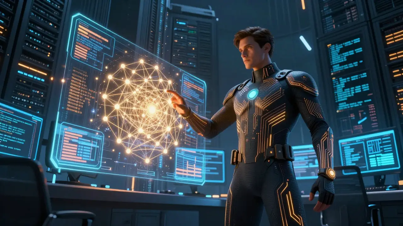 DC Comics style illustration of a security analyst monitoring a holographic blockchain network