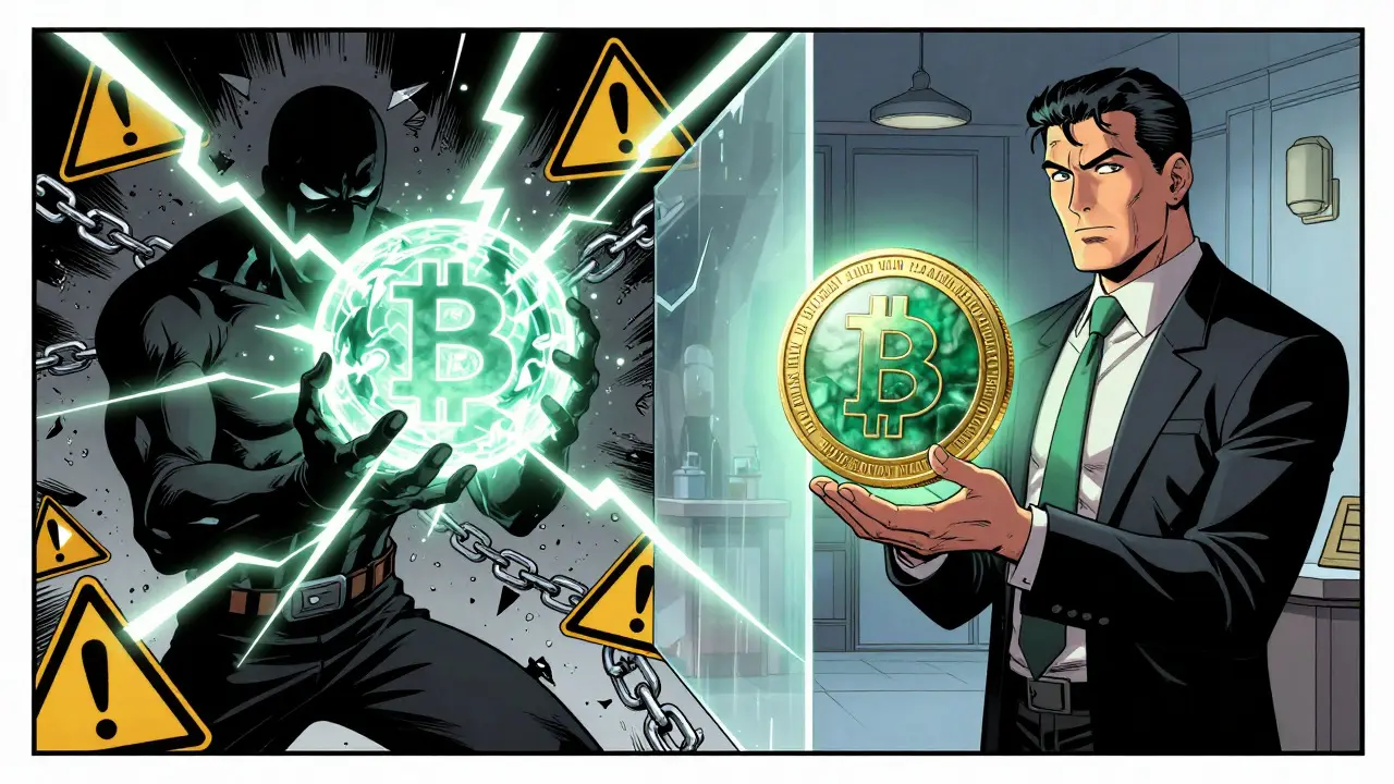 DC style art contrasting risky crypto assets with safe state-issued digital currency options