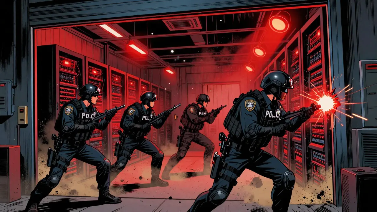 DC style comic showing police raiding a warehouse full of glowing cryptocurrency mining servers