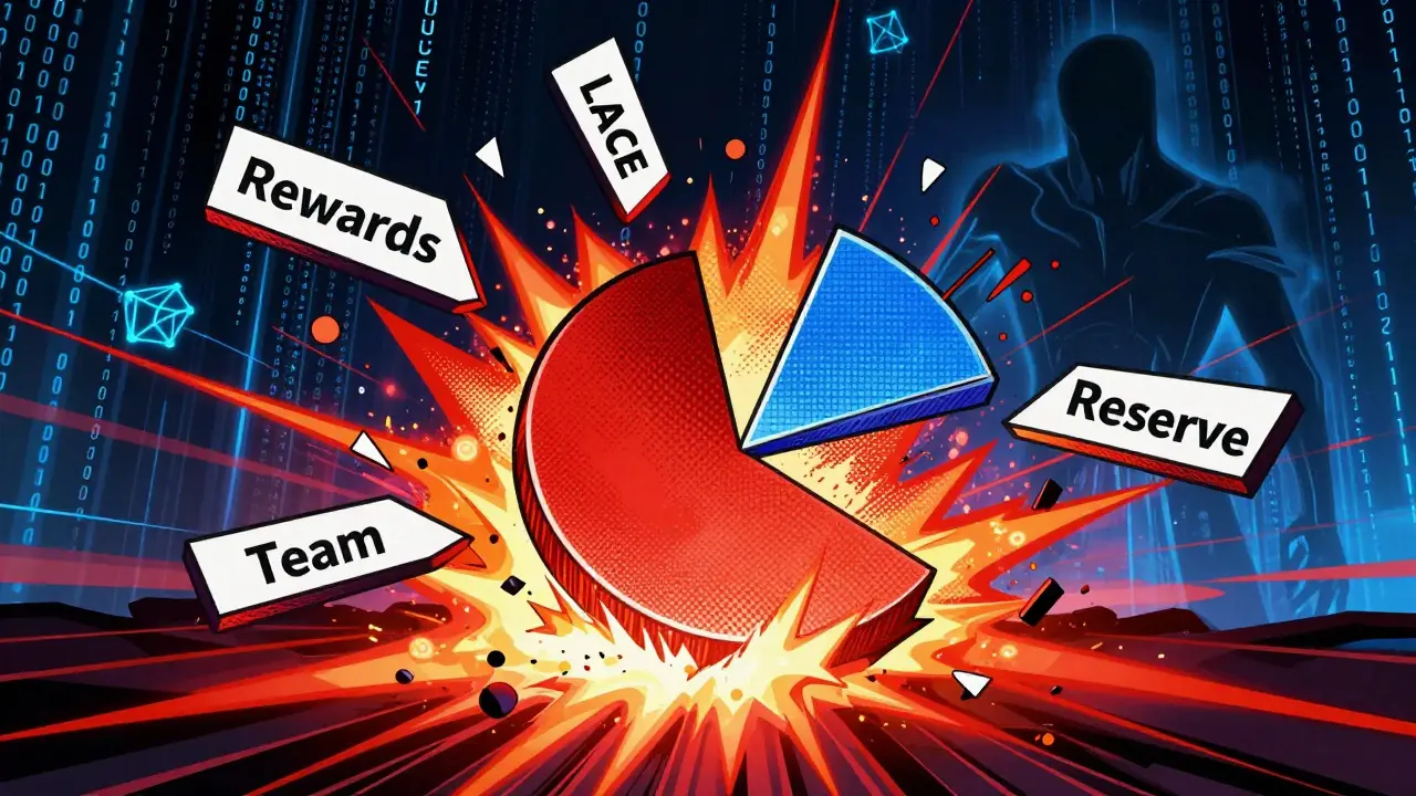 Exploding pie chart showing LACE tokenomics distribution in DC comic style