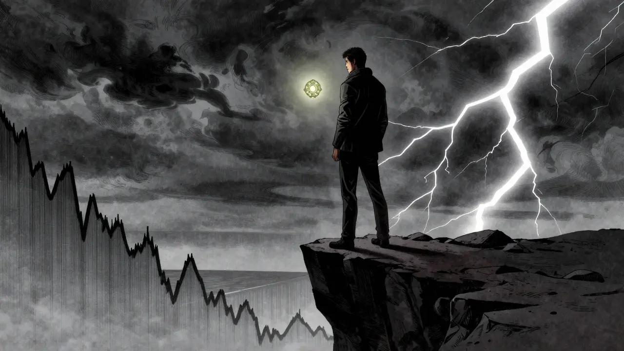 Figure holding TEER token amidst stormy, volatile market landscape