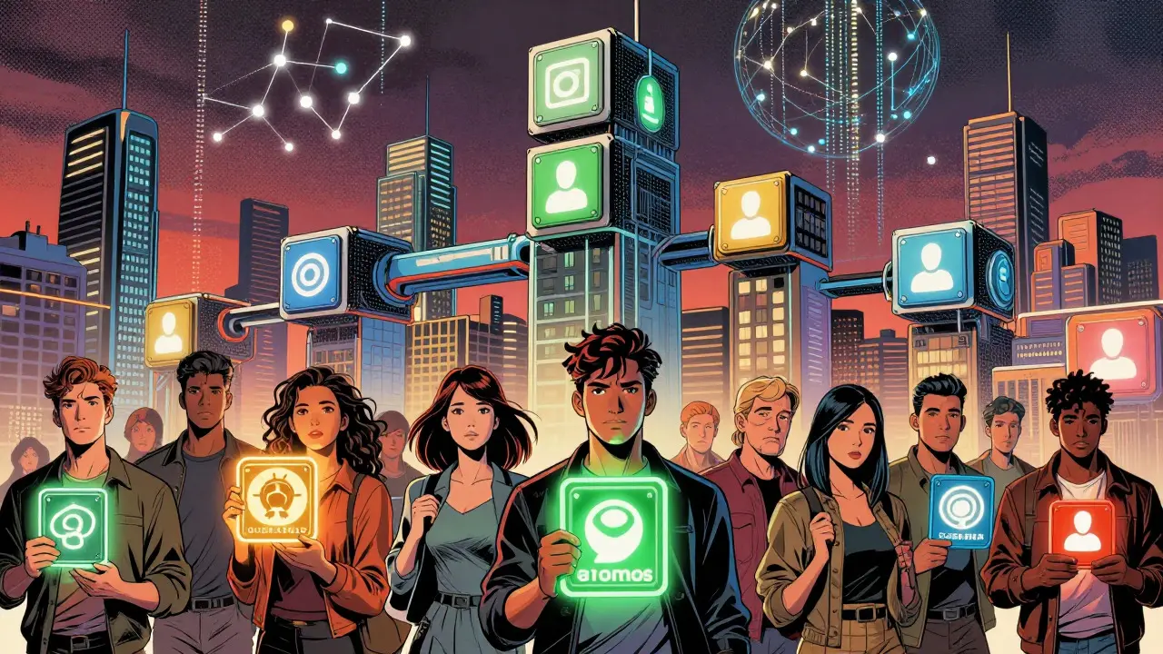 Futuristic cityscape with users holding glowing NFT utility badges