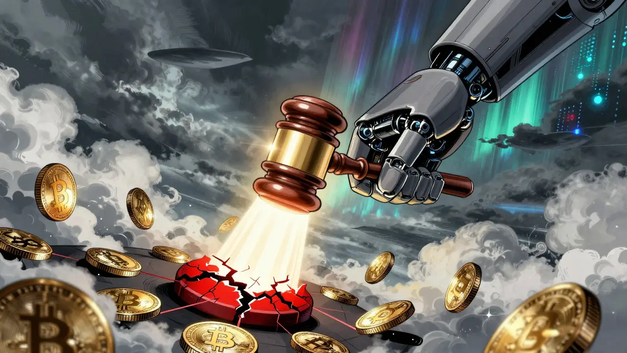 Giant robotic hand scanning crypto coins with regulatory gavel