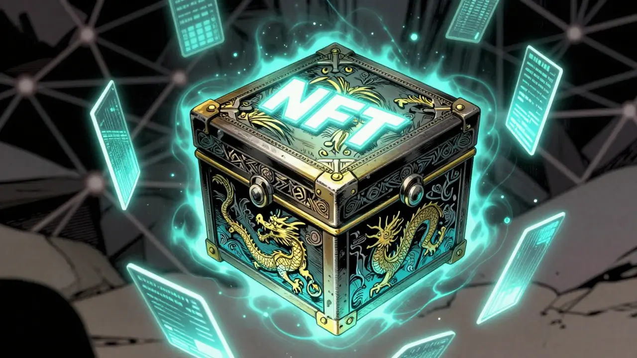 Glowing mystical NFT weapon box emitting digital energy