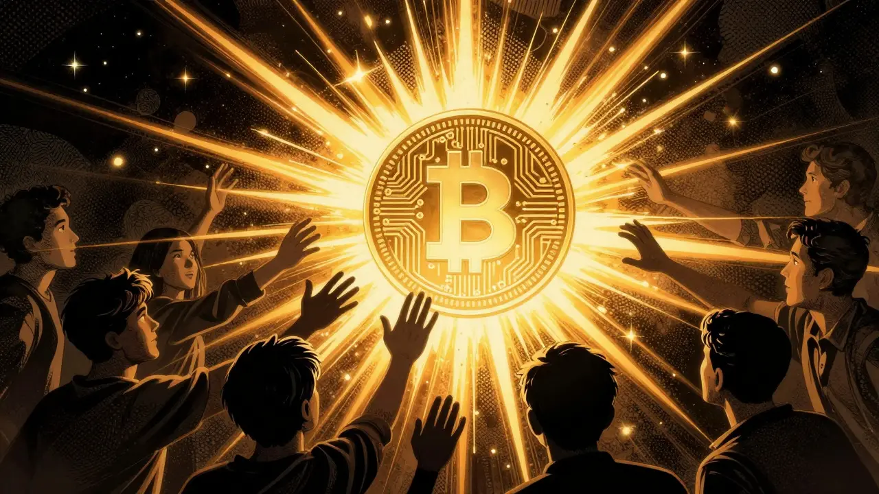 Golden digital token exploding with energy as users reach out