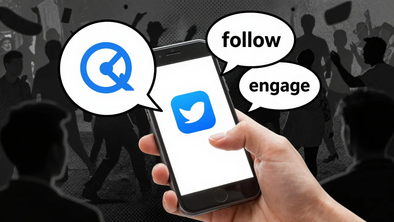 Hand holding a phone with social media interaction icons