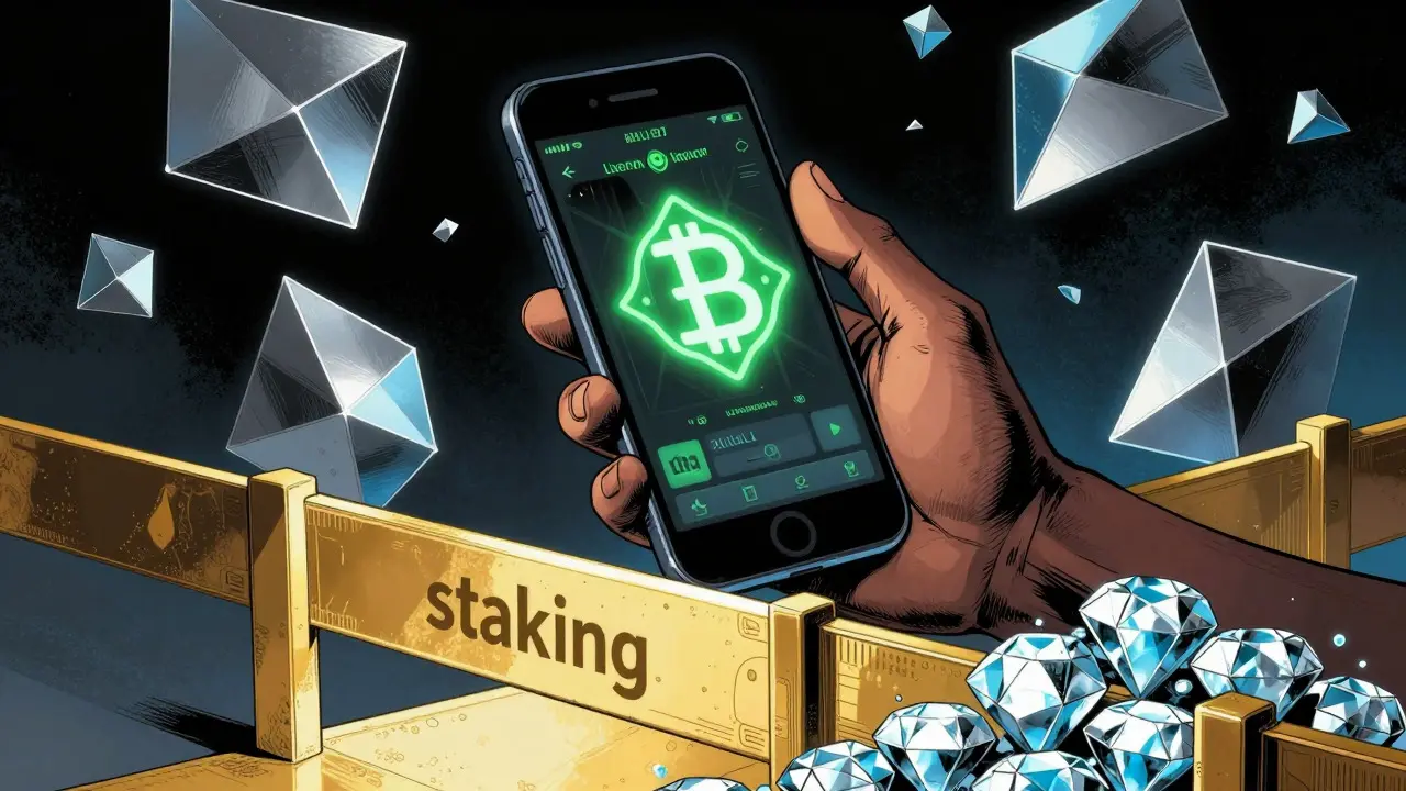 Hand holding phone with blockchain graphics and staking barrier, DC style
