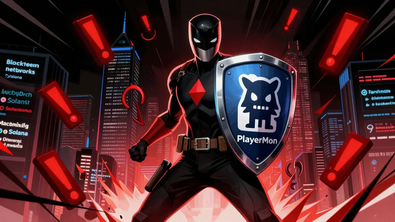 Hero shielding against phishing attacks and scam symbols in digital city