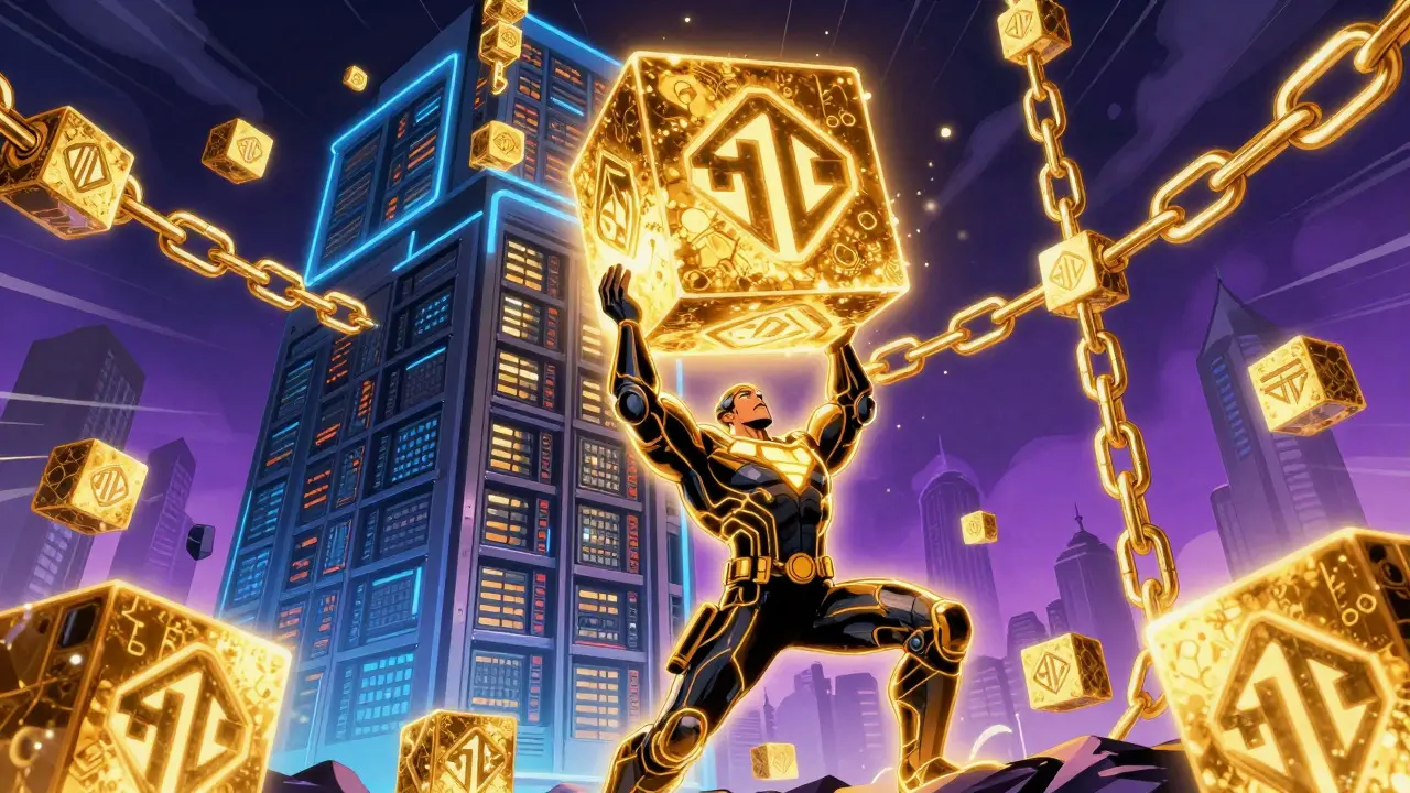 Heroic computer rig placing a block on a tall blockchain tower in DC Comics style