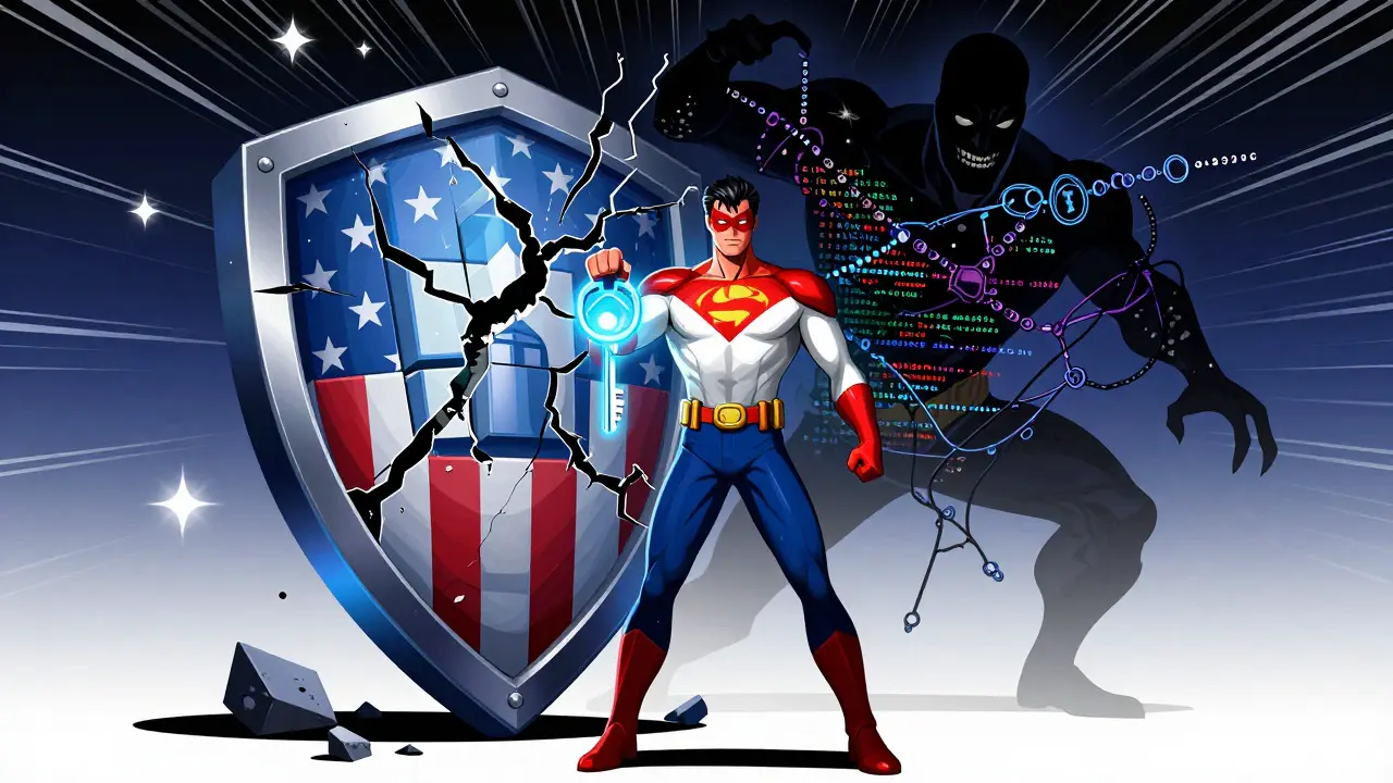 Heroic figure protecting a blockchain shield from a shadowy phishing villain