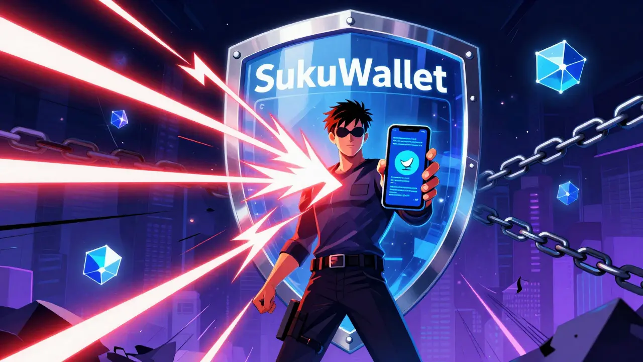 Heroic user protected by SukuWallet shield against digital scam attacks
