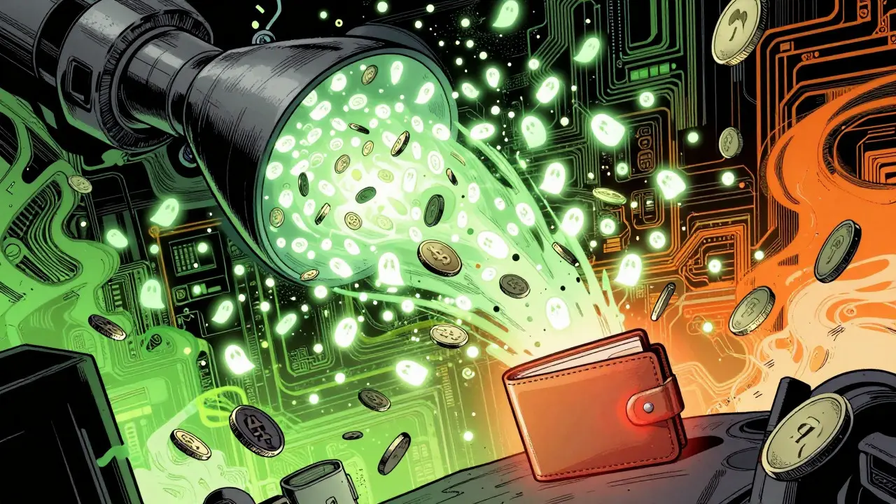 Illustration of tiny ghostly coins being scattered into wallets to represent token dusting
