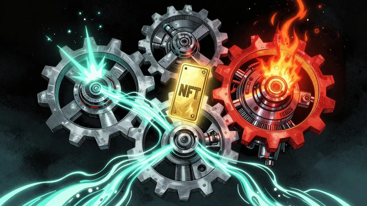 Interlocking mechanical gears powering a glowing golden NFT in space