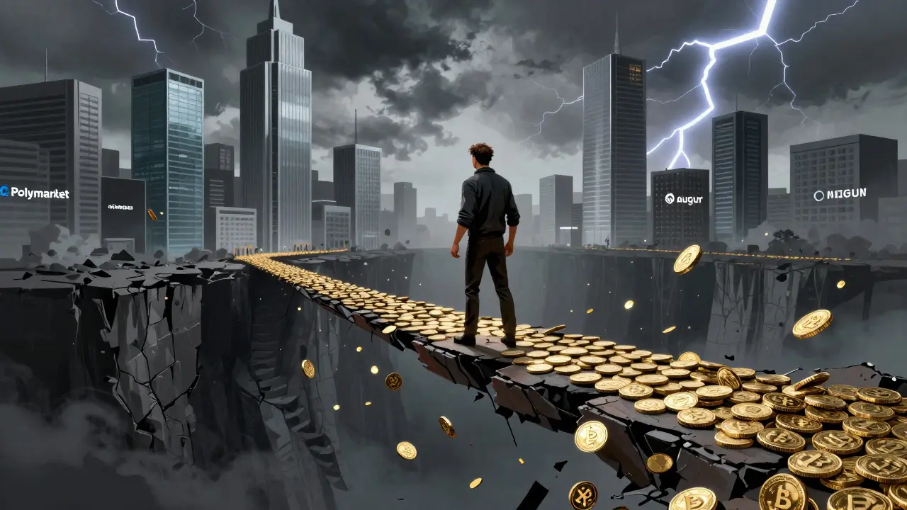 Investor standing on a crumbling coin bridge over an abyss