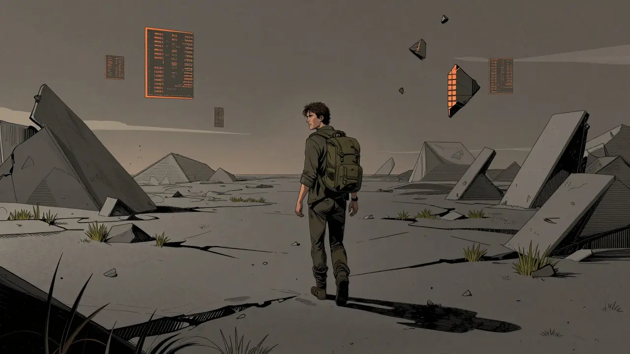 Lone adventurer in a desolate digital landscape, comic book art