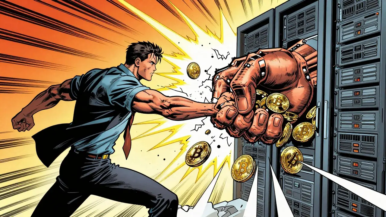Mechanical hand crushing Bitcoin coins symbolizing high fees