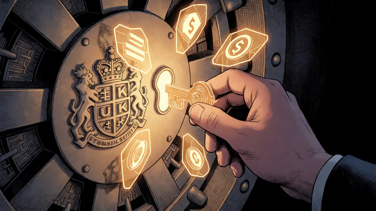Secure digital key locking crypto assets in a fortified UK financial vault