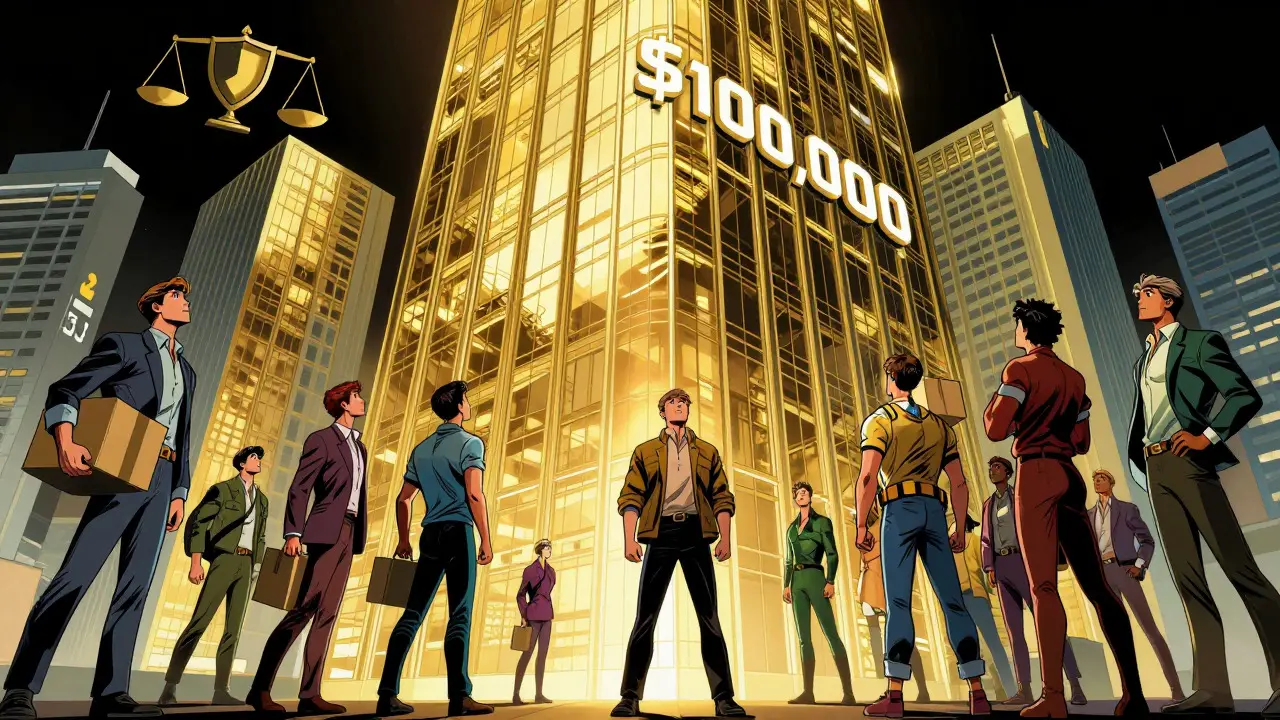 Small startup heroes looking up at a giant financial skyscraper representing market consolidation