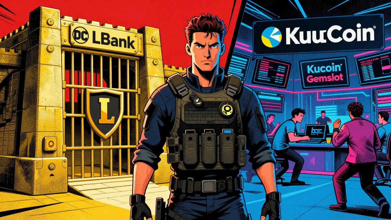 Split scene showing LBank holding fortress and KuCoin trading floor action