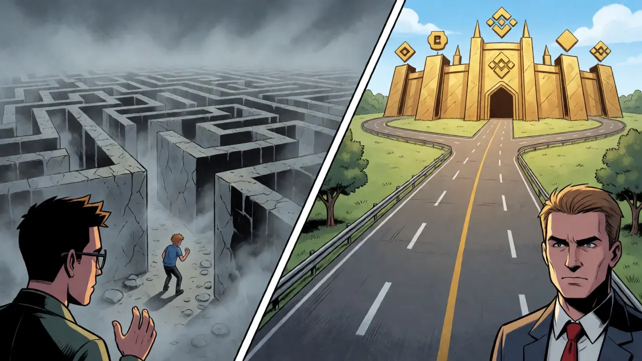 Split screen showing confusing maze versus orderly golden fortress