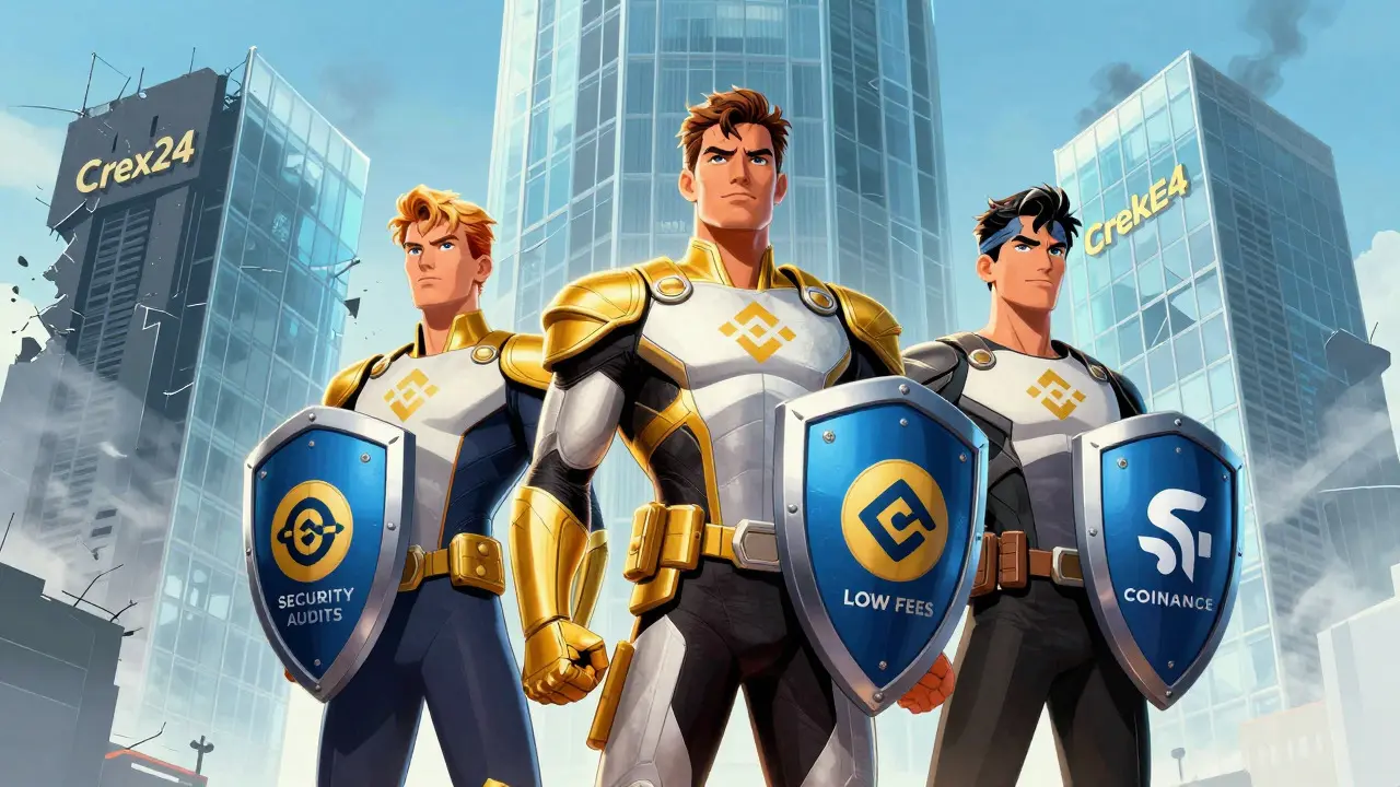 Superheroes representing safe exchanges vs crumbling Crex24