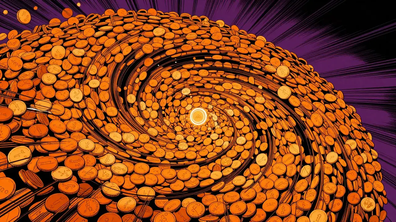 Swirling vortex of tiny orange coins representing massive token supply
