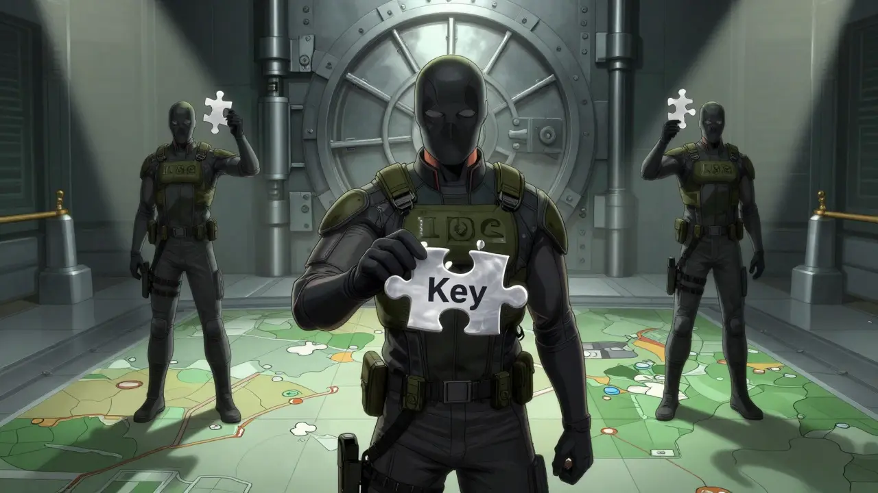 Three figures holding key fragments for distributed crypto security