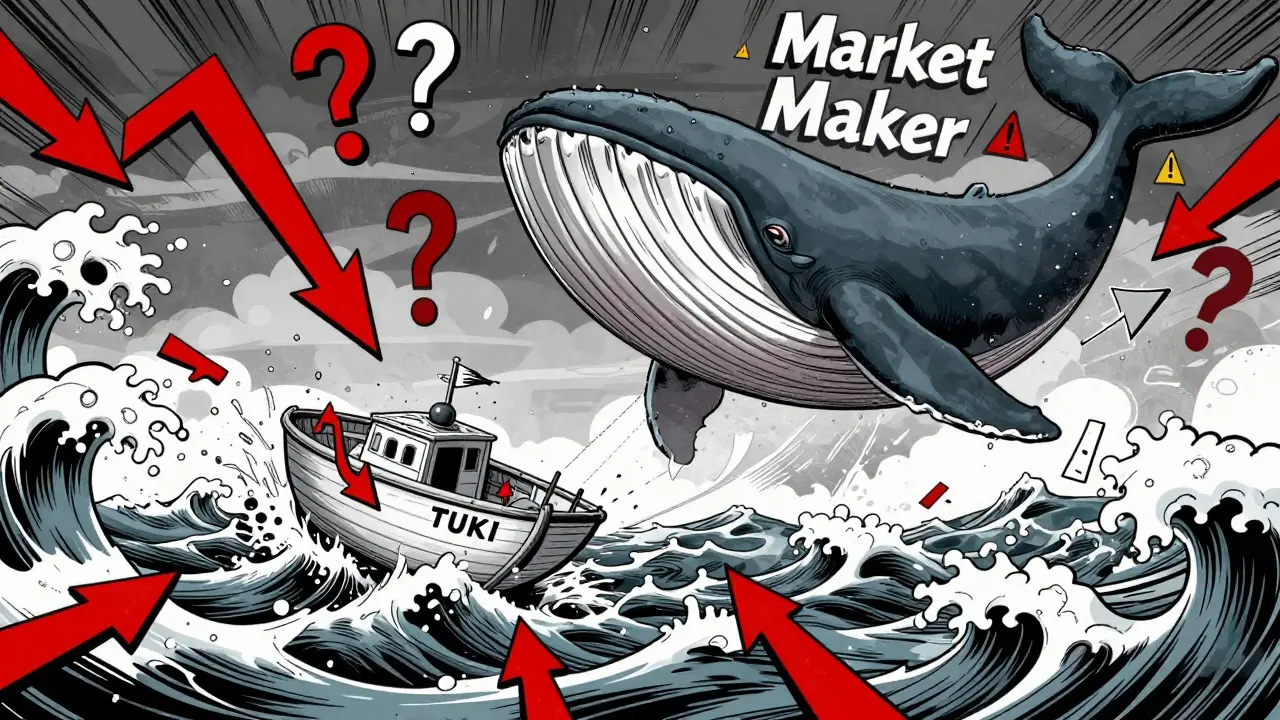 Tiny boat on volatile price chart waves with looming market whale