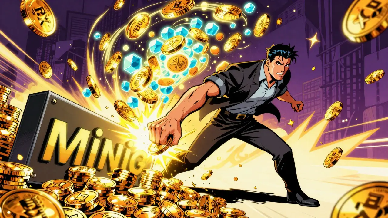 Trader breaking through a barrier of golden tokens in dynamic comic book art