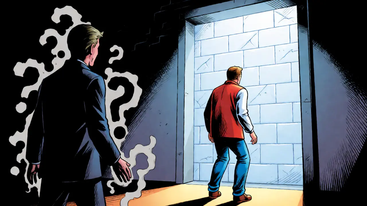 Trader facing an unfinished blockchain vault with shadowy uncertainty