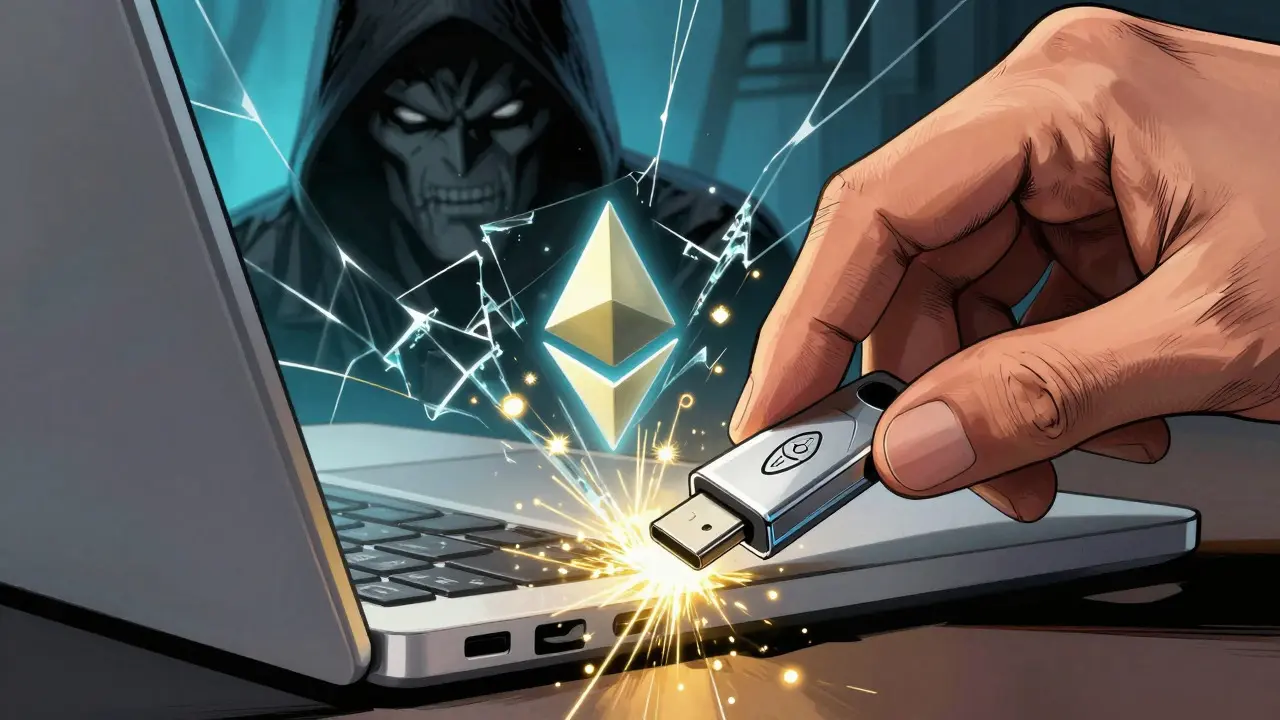 User plugs in hardware key, blocking hacker attack on crypto assets