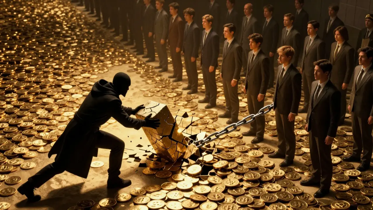 Villain blocked from breaking the blockchain by a shield of golden coins in comic art