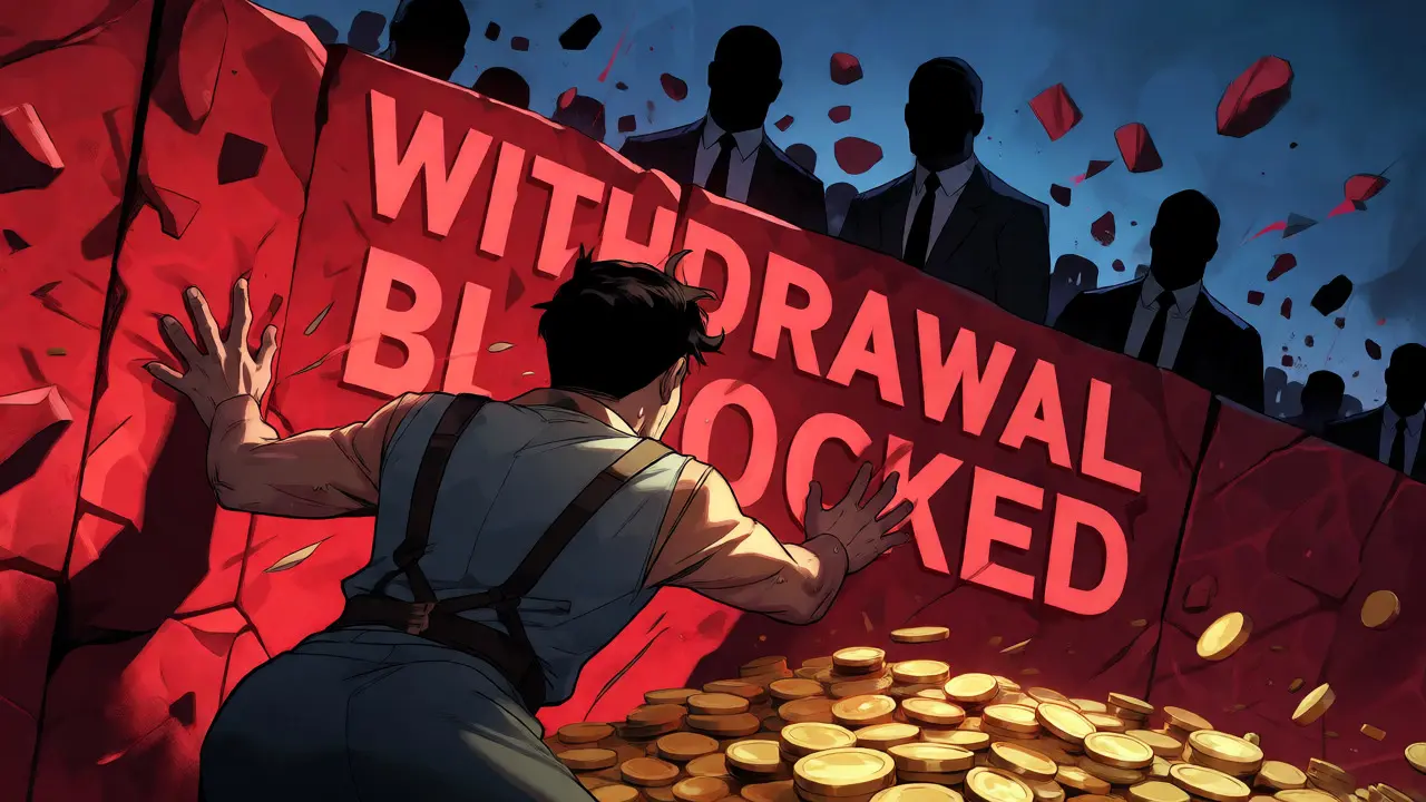 A trader struggles against a massive wall blocking withdrawal of their crypto funds.
