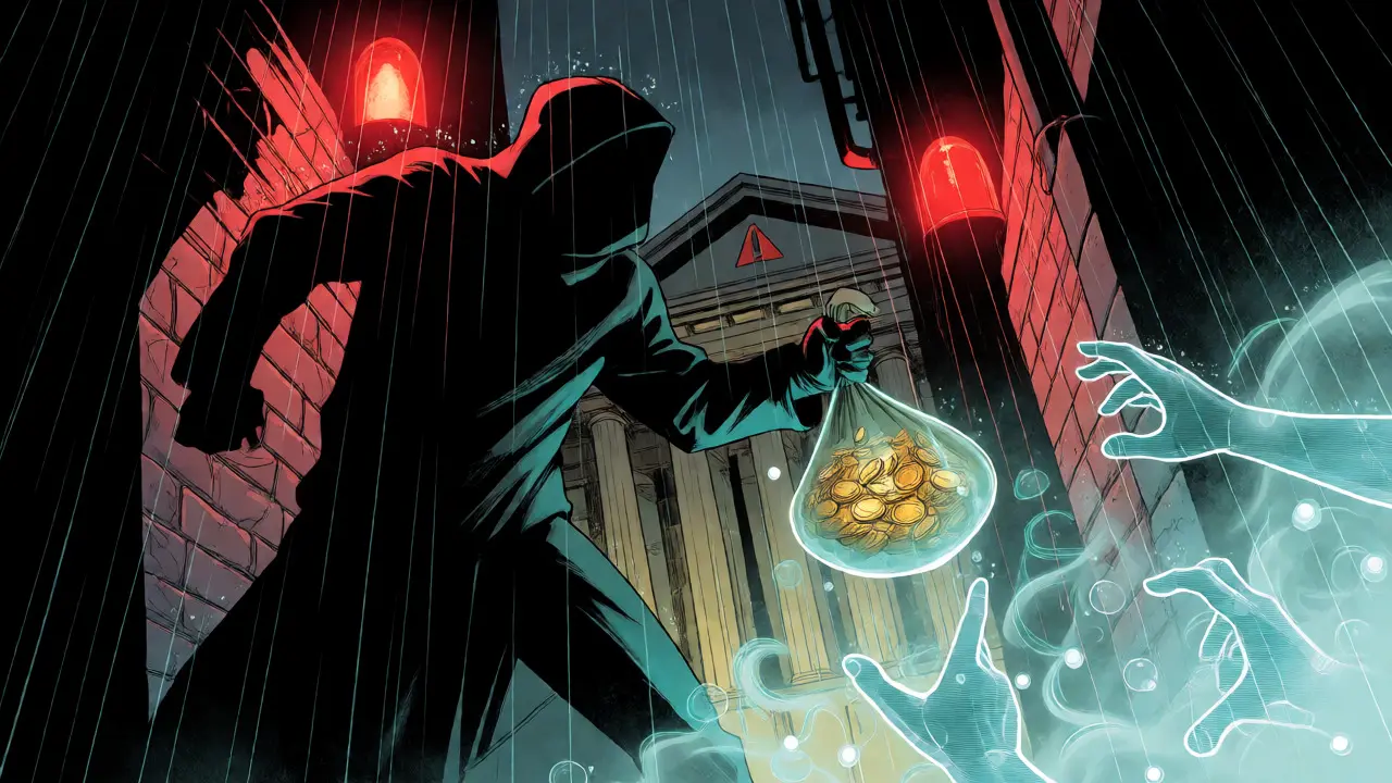 Anonymous figure moving gold into a digital vortex under red surveillance lights.