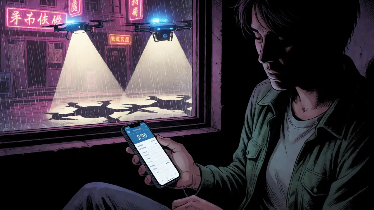 Anxious person watching police drones through a rainy window