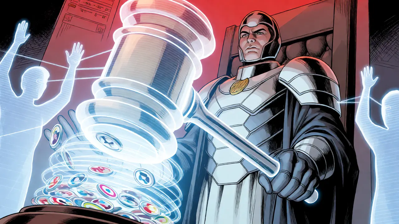 Armored guardian controls a holographic gavel over swirling voting tokens.