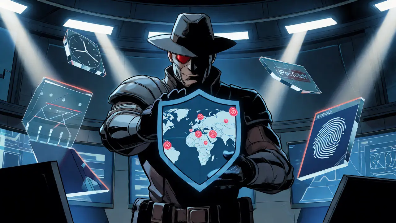 Armored investigator analyzing global geolocation data in high-tech command room.