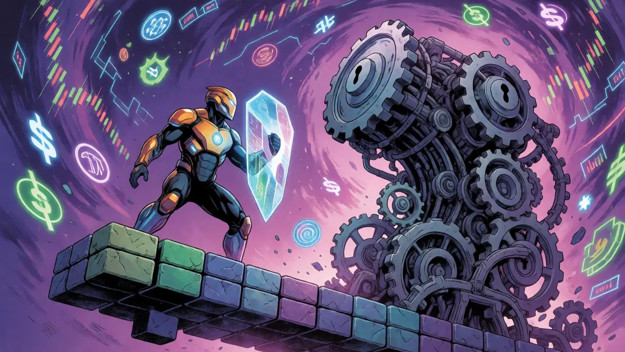 Armored trader facing a mechanical construct of price feeds and collateral in a futuristic DeFi arena.