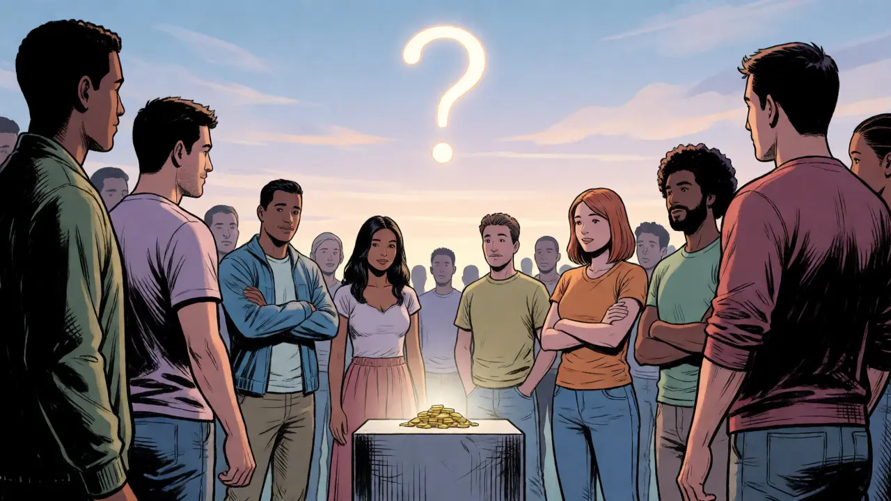Community gathered around a modest token pile under a question mark