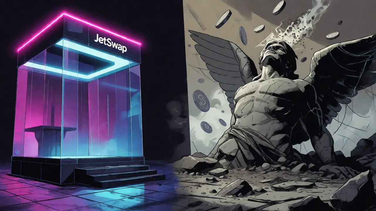 Crumbling winged statue beside empty neon DEX building showing market decline