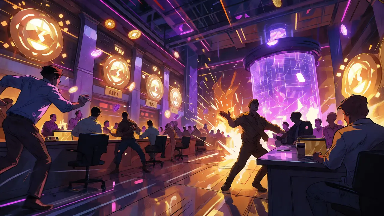 Cyberpunk trading arena with traders and liquidity providers